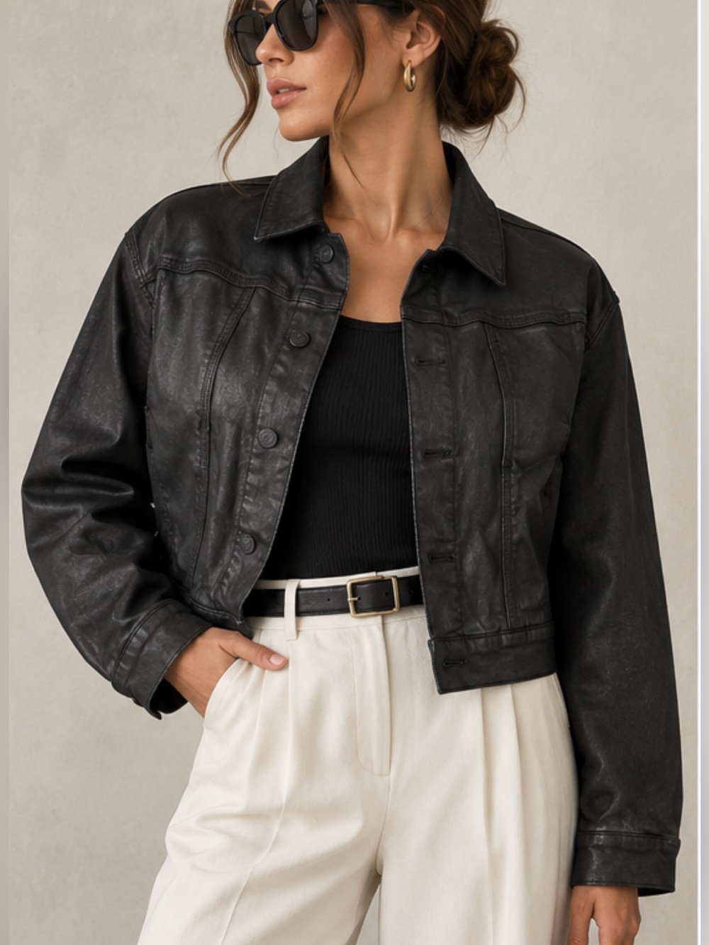 NWOT 7 For All Mankind Black Coated Denim Cropped Trucker Jacket size Large